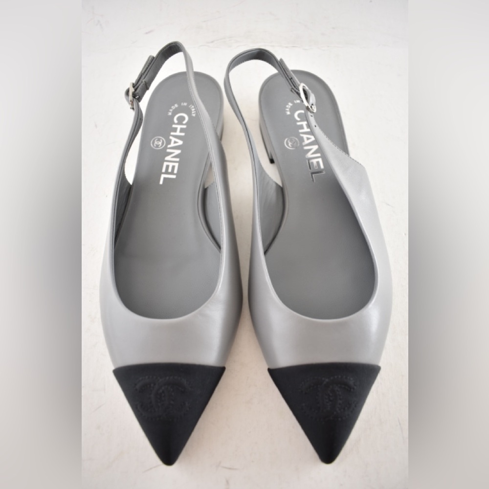 Chanel 24A Gray Leather Black CC Logo Coco Slingback Pointed Toe Ballet Flat 36c - Picture 12 of 16